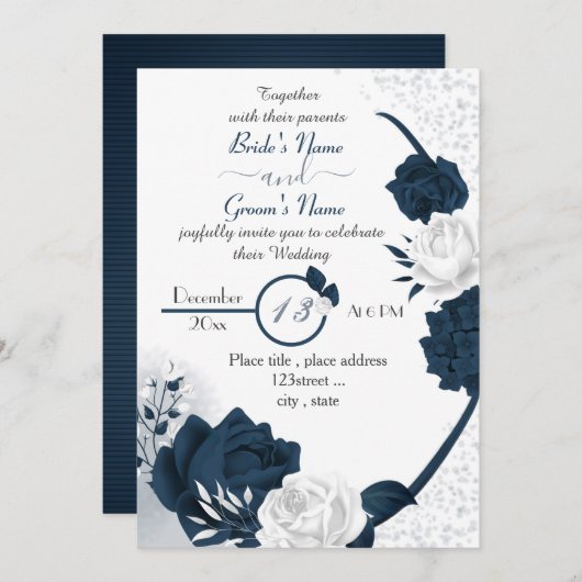 Invitation élégant bleu marine et fleurs blanches mariage (Devant / Derrière)