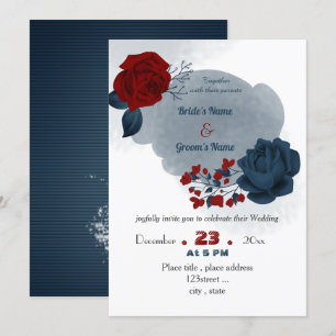 Invitation élégant bleu marine et fleurs rouges mariage