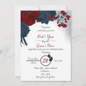 Invitation élégant bleu marine et fleurs rouges mariage (Devant)