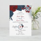 Invitation élégant bleu marine et fleurs rouges mariage (Debout devant)