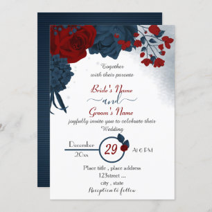 Invitation élégant bleu marine et fleurs rouges mariage