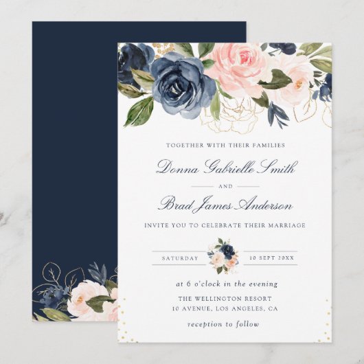 Invitation Elégant bleu marine et mariage floral (Devant / Derrière)