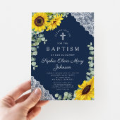 Invitation Elégant bleu marine Floral Cross Boy Baptism garço