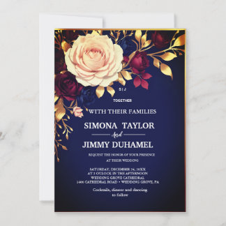 Invitation Elégant bleu marine Floral or Blush rose Mariage