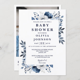 Invitation Elégant bleu marine floral photo QR Baby shower