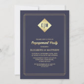 Invitation Elégant bleu marine | Gold Engagement Party (Devant)