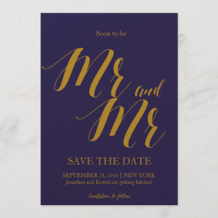 Invitation Élégant Bleu Marine Mariage Gay "Save the Date"