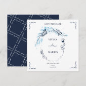 Invitation Élégant Bleu Marine Monogramme Fleur Save The Date (Devant / Derrière)