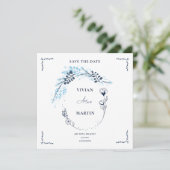 Invitation Élégant Bleu Marine Monogramme Fleur Save The Date (Debout devant)
