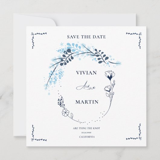 Invitation Élégant Bleu Marine Monogramme Fleur Save The Date (Devant)