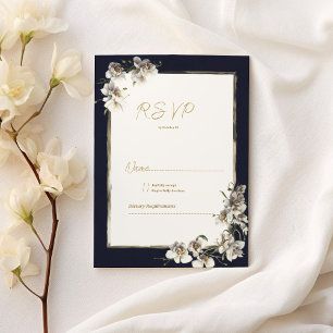 Invitation Elégant bleu marine or blanc orchidée floral RSVP