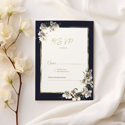 Invitation Elégant bleu marine or blanc orchidée floral RSVP