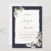 Invitation Elégant bleu marine or blanc orchidée Mariage flor (Devant)