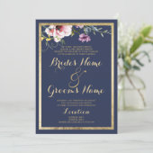 Invitation Elégant bleu marine or rose menthe Mariage (Debout devant)