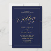 Invitation Elégant bleu marine or tout en un script mariage (Devant)
