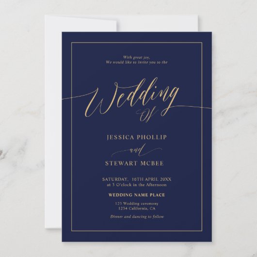 Invitation Elégant bleu marine or tout en un script mariage (Devant)