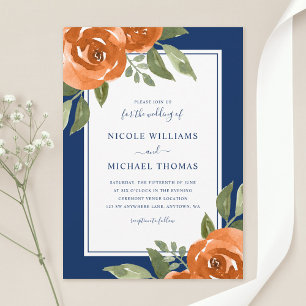 Invitation Elégant bleu marine orange aquarelle Mariage flora