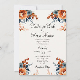 Invitation Elégant bleu marine Orange floral