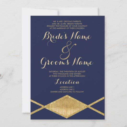 Invitation Elégant bleu marine parties scintillant or Mariage (Devant)