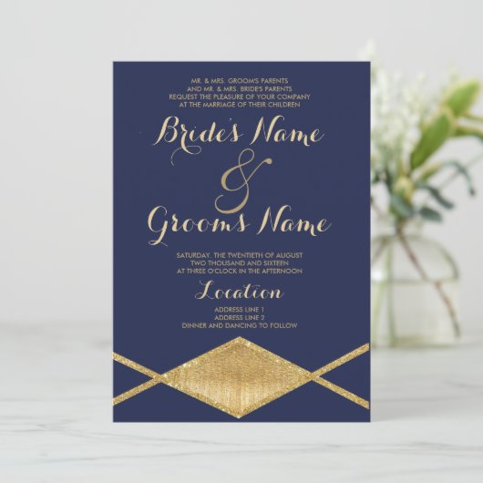 Invitation Elégant bleu marine parties scintillant or Mariage (Debout devant)
