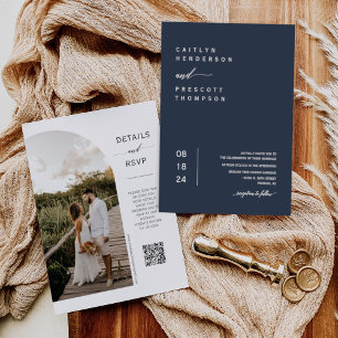 Invitation Élégant bleu marine photo minimale QR Code Mariage