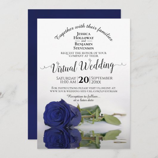 Invitation Élégant bleu marine reflétant Rose Mariage virtuel (Devant / Derrière)