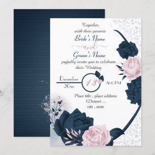 Invitation élégant bleu marine & rose fleurs mariage