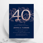Invitation Elégant bleu marine Rose or 40e anniversaire<br><div class="desc">Elégant bleu marine rose or 40e anniversaire invitation de fête. Design féminin moderne et personnalisable, avec des accents botaniques rose et de l'or rose faux parties scintillant. Carte invitation florale simple parfaite pour une célébration anniversaire élégante. Personnalisez avec vos propres détails. Invitations Zazzle imprimées ou téléchargement instantané modèle imprimable numérique....</div>