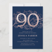 Invitation Elégant bleu marine Rose or 90e anniversaire (Devant)