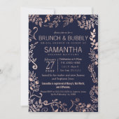 Invitation Elégant bleu marine Rose or Floral Brunch Bubbly (Devant)