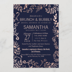 Invitation Elégant bleu marine Rose or Floral Brunch Bubbly