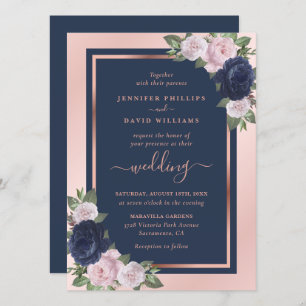 Invitation Elégant bleu marine Rose or Floral Mariage