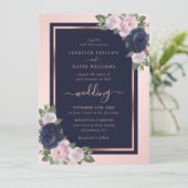 Invitation Elégant bleu marine Rose or Floral Mariage (Debout devant)