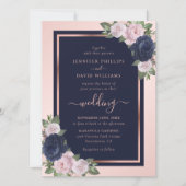 Invitation Elégant bleu marine Rose or Floral Mariage (Devant)