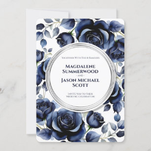 Invitation Elégant bleu marine Roses Floral & Silver Blanc