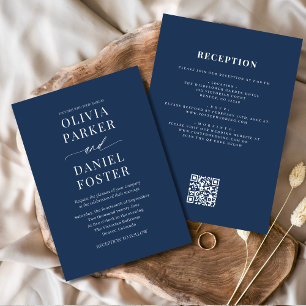 Invitation Élégant bleu marine tout en un Mariage de code QR