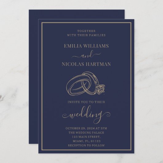 Invitation Élégant bleu minimaliste classique Mariage (Devant / Derrière)