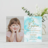 Invitation Elégant bleu moderne Aquarelle or Croix Baptême (Debout devant)