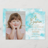 Invitation Elégant bleu moderne Aquarelle or Croix Baptême (Devant / Derrière)