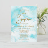 Invitation Elégant bleu moderne Aquarelle or Croix Baptême (Debout devant)