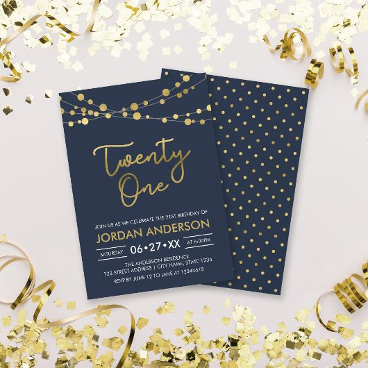 Invitation Elégant bleu moderne Faux Gold Lights 21e annivers