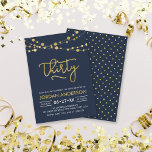 Invitation Elégant bleu moderne Faux Gold Lights 30e annivers<br><div class="desc">Invitation moderne de la fête du 30e anniversaire avec d'élégantes cordes de lumières et le mot "Trente" en fausse feuille d'or contre un arrière - plan bleu foncé. La carte comprend un motif correspondant à l'arrière. Consultez d'autres éléments correspondants ici https://www.zazzle.com/collections/strings_of_lights_faux_gold_celebration_collection-119311942951401241?rf=238364477188679314 Personnalisez-le en remplaçant le texte de l'espace réservé pour...</div>