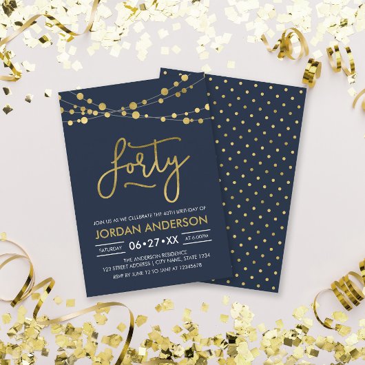 Invitation Elégant bleu moderne Faux Gold Lights 40e annivers