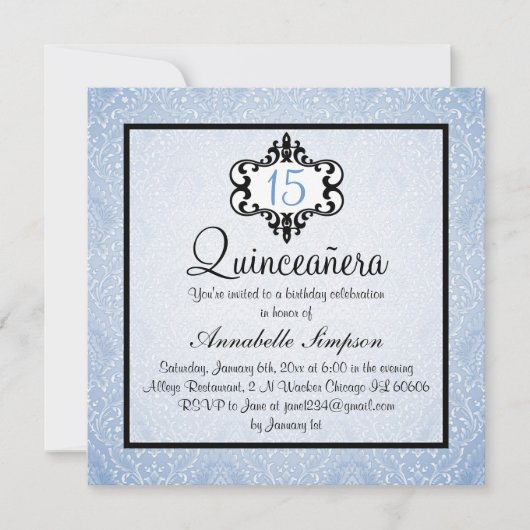 Invitation Elégant bleu/noir Chic Damask Quinceanera Invitati (Devant)