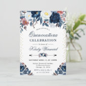 Invitation Élégant Bleu Nuit et Bleu Clair Floral Quinceañera (Debout devant)