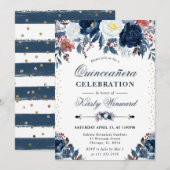 Invitation Élégant Bleu Nuit et Bleu Clair Floral Quinceañera (Devant / Derrière)