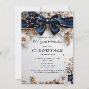 Invitation Élégant Bleu Nuit Or Fleurs Ruban Fête
