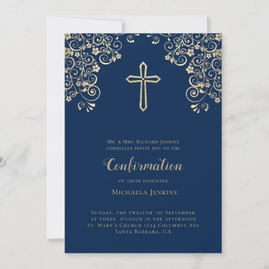 Invitation Élégant Bleu Or Bible Verse Confirmation (Devant)