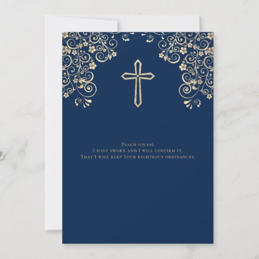 Invitation Élégant Bleu Or Bible Verse Confirmation (Dos)