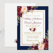 Invitation Elégant Bleu Or Bourgogne Floral Mariage Invitatio (Devant / Derrière)